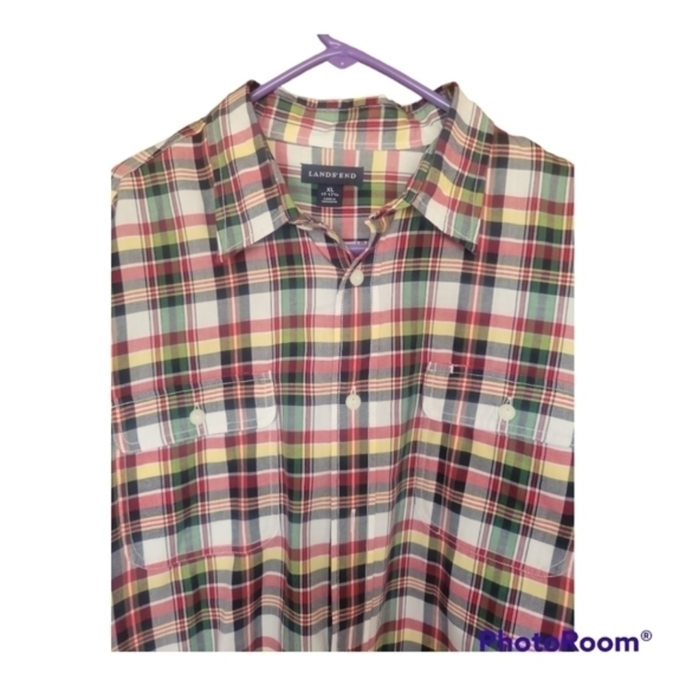 Lands' End Red Plaid Button‎ Lightweight Oxford Shirt Mens XL
